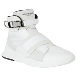 Balmain-Balmain Exton Mixed-Media High-Top Sneakers-White