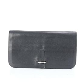 Hermès-Hermes Black Leather Long Wallet-Black