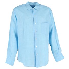 Loro Piana Andre Langarmhemd aus blauer Leinen Blau Hellblau