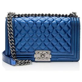 Chanel Metallic Patent Leather Old Medium Boy Bag Blue