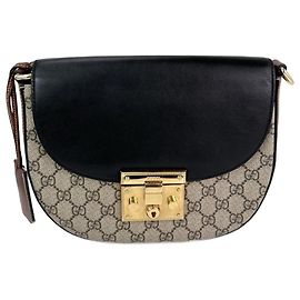Borsa a spalla nera Gucci GG Supreme Web con lucchetto Marrone