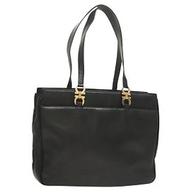 Bolsa Tote Gancini de couro preto e dourado da Salvatore Ferragamo Auth bs26846 Preto Dourado