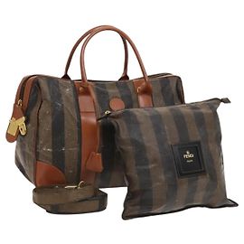 FENDI Pecan Canvas Handtasche Leder 2 Set Schwarz Braun Gold Auth bs26745 Braun Schwarz Golden