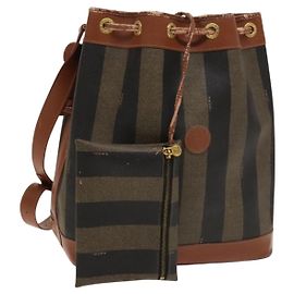 FENDI Pecan Canvas Shoulder Bag PVC Black Brown Auth 127073 Brown Black