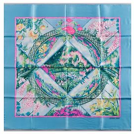 Bufanda Hermès Carré 90 "Jardines de Giverny" 100% Seda en Azul Azul