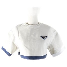 Top de denim recortado con logo de Prada GFT012 Blanco Azul