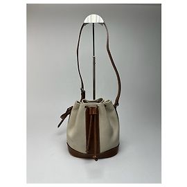 Borsa a secchiello in pelle vintage Courreges bianca e marrone Bianco