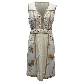 Diane von Furstenberg V-Ausschnitt knielanges Kleid aus cremefarbenem Polyester Weiß Roh