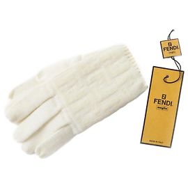 Fendi Wool Nylon Zucca Pattern Knit Gloves White Cream