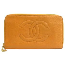 Carteira longa de couro de bezerro texturizado laranja Chanel Laranja