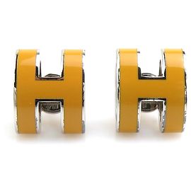 Hermès Hermes Mini Pop H Metall Emaille Ohrringe Silber Gelb