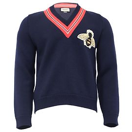 Gucci Bienen-bestickter V-Ausschnitt Pullover aus marineblauer Wolle Blau Marineblau