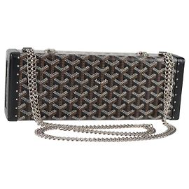 GOYARD Herringbone Chain Shoulder Bag PVC Leather Black Silver Auth 115239SM Black Silvery