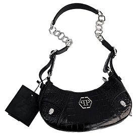 Philipp Plein Bolsa de ombro Bowler em couro estampado Croco Hexagon preta Preto