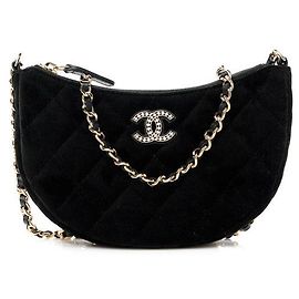 Chanel Hobo Tasche aus schwarzem Samt und Kristallkette Schwarz