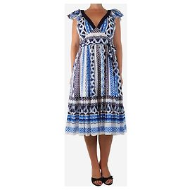Alice by Temperley Robe midi en coton imprimé bleu et blanc - taille UK 12 Bleu