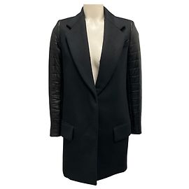 The Row Black Quilted Lambskin Leather Sleeve Wool Coat Black