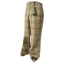Gucci Check Pattern Flared Pants Beige Silk Cotton Linen Beige