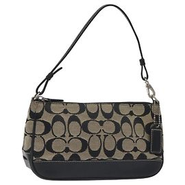 Coach Signature Accessory Pouch Canvas Beige Black Silver Auth am8791 Black Silvery Beige