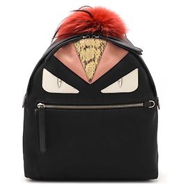 Sac à dos Fendi Bugs Monster en nylon/python/fourrure/cuir 8BZ035 Noir Rose Rouge