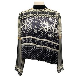 Sacai Black Multi Pleated Fairisle Print Chiffon Blouse Multiple colors