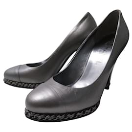 Chanel-CHANEL G27765 HEELS CHAIN 37.5 IN SILVER LEATHER PUMP SHOES-Silvery