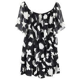 Vestido mini com estampa gráfica em seda preta Saint Laurent Preto