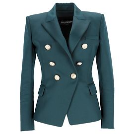 Balmain Double-Breasted embellished Blazer in Green Wool Green