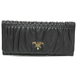 Prada 1M1132 Logo Gathered Bi-fold Long Wallet Black