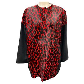 Longchamp Red / Black Leopard Print Calf Hair and Wool Coat Red