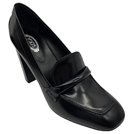 Tod's-Tod's Black Leather Heeled Loafer Pumps-Black