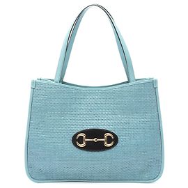 Borsa Gucci Blue Medium Straw Horsebit 1955 Blu Blu chiaro