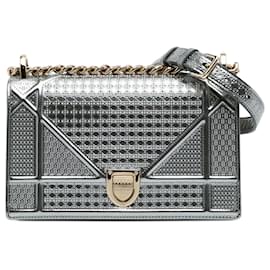 Dior-Dior Silver Small Metallic Patent Microcannage Diorama Flap-Silvery