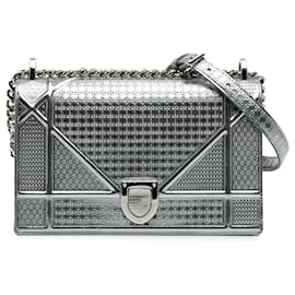 Dior-Dior Silver Medium Metallic Patent Microcannage Diorama Flap-Silvery