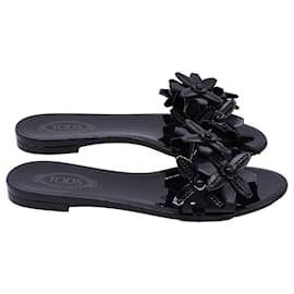 Tod's-Tod's Floral-Applique Slide Flat Sandals in Black Patent Leather-Black