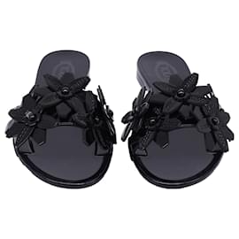 Tod's-Tod's Floral-Applique Slide Flat Sandals in Black Patent Leather-Black