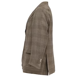 Brunello Cucinelli- Brunello Cucinelli Plaid Single-Breasted Blazer in Brown Linen-Brown,Red