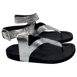 Isabel Marant Ankle Strap Flat Sandals in Metallic Silver Leather Silvery Metallic