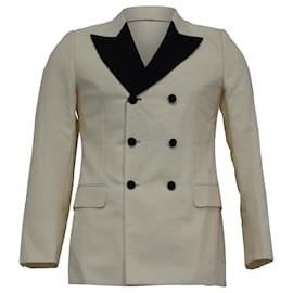 Gucci- Gucci Double-Breasted Contrasting-Lapel Blazer in Cream Wool-White,Cream