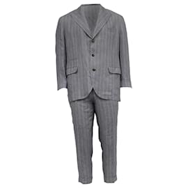 Brunello Cucinelli-Brunello Cucinell Striped Single-Breasted Blazer and Trousers Suit in Grey Cotton-Grey