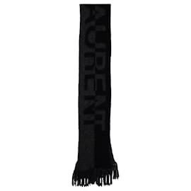 Saint Laurent-Cachecol de lã preto e cinza com logotipo em intársia e franjas Saint Laurent-Preto