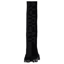 Sciarpa in lana nera e grigia con logo intarsia e frange di Saint Laurent Nero