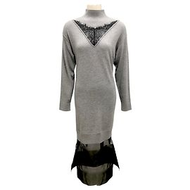 Vestido de malha cinza mescla médio 3.1 Phillip Lim com detalhe em renda e combinação de organza Cinza