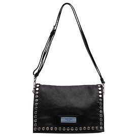 Prada Noir Cuir Glacé Veau Studded Etiquette Flap Noir