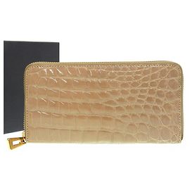 Autre Marque Crocodile Leather Zip Wallet Beige Beige