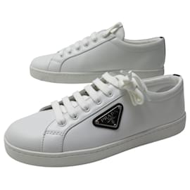 Prada-NEW PRADA SHOES TRIANGLE LOGO COURT SNEAKERS 1E941M 40 LEATHER-White