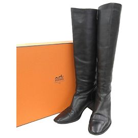 Hermès Hermes Leather Long Boots Black Black