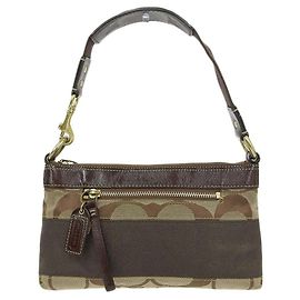 Pochette en cuir Coach Canvas 10120 Beige Marron foncé