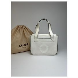 Céline Bolsa de mão vintage em couro e algodão Celine Paris branca Branco