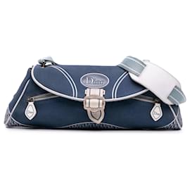 Dior-Dior Blue John Galliano Diorissimo Trimmed Canvas Shoulder Bag-Blue